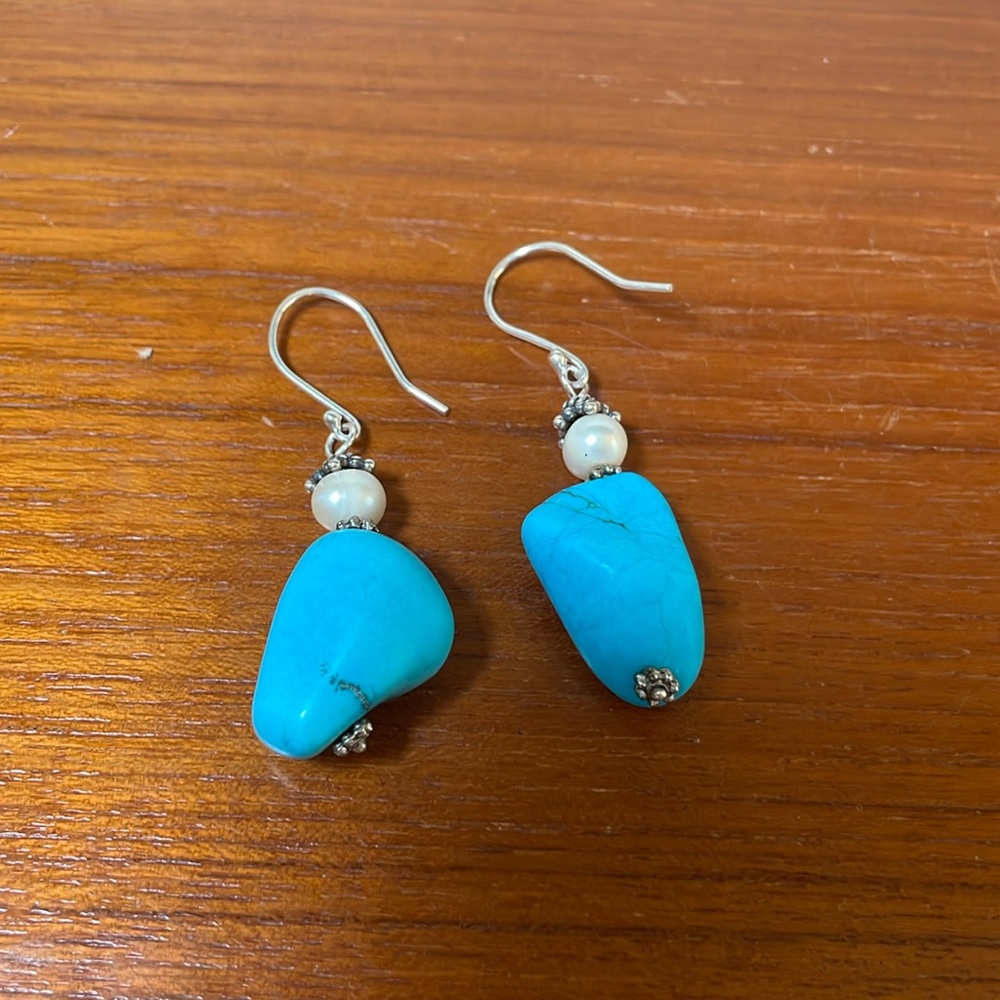 Turquoise, Genuine Pearl Sterling Silver Earrings